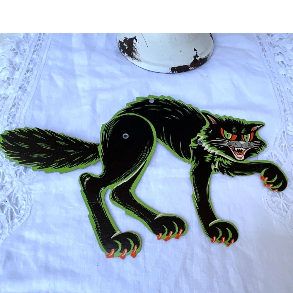 Vintage Beistle Halloween cat die cut scary black cat neon green outline GUC